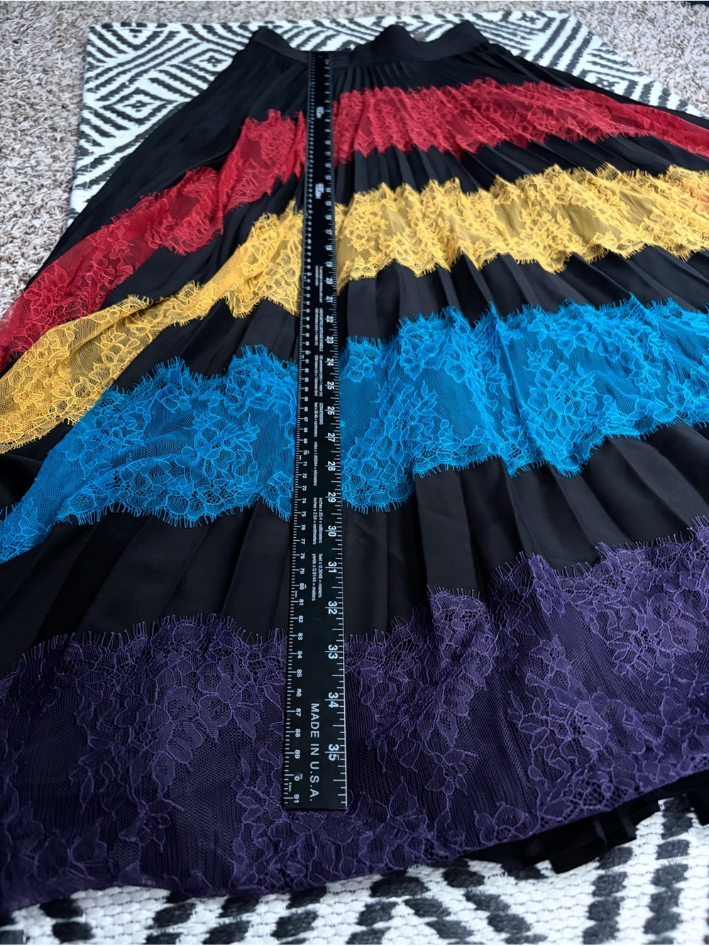 Alice + Olivia Romona Pleated Maxi Skirt Sz 4 Rainbow Lace Panel Black Mesh Long - Picture 13 of 16